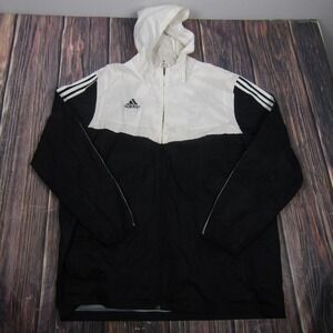 Adidas Jacket Mens XL Black White Hooded Full Zip Windbreaker 3 Stripes Track